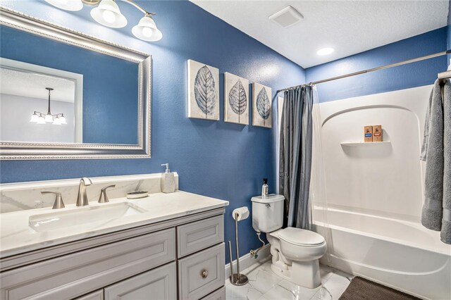 16755 Sunrise Vista Dr, Clermont, FL 34714 - full bathroom with visible vents, marble finish floor, toilet, shower / bath combination with curtain, and a notable chandelier