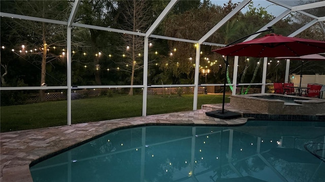 view of swimming pool with a fenced backyard, a fenced in pool, an in ground hot tub, and a yard