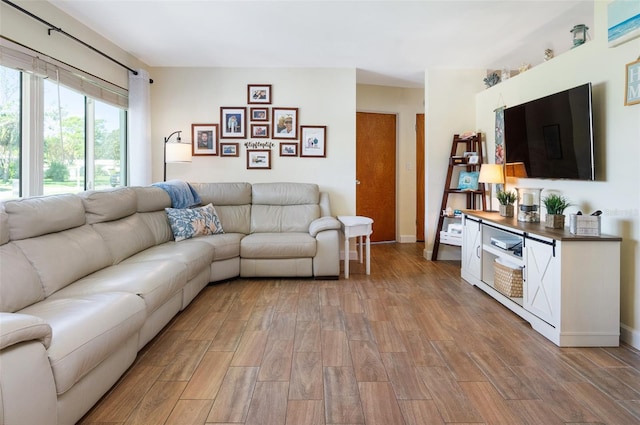 living room with baseboards and light wood-type flooring