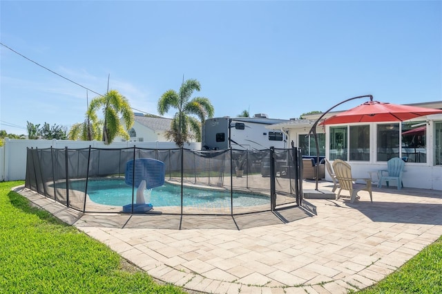view of pool with a patio, a fenced in pool, and a fenced backyard