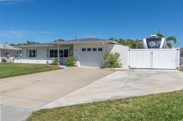 single story home with concrete driveway, stucco siding, an attached garage, a gate, and a front lawn
