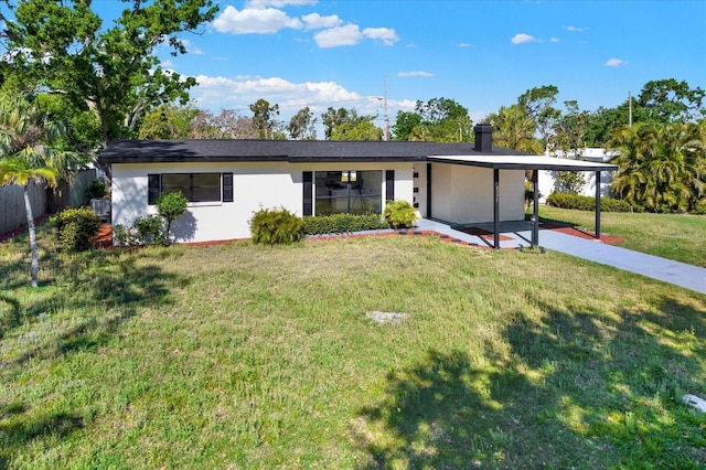 single story home with stucco siding, fence, a front lawn, concrete driveway, and an attached carport