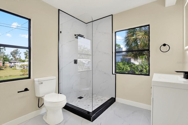 full bathroom with toilet, marble finish floor, baseboards, and a marble finish shower