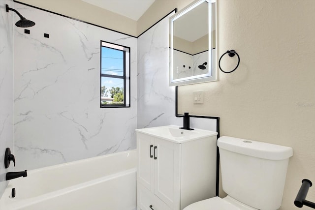 full bath with toilet, vanity, and shower / bathing tub combination