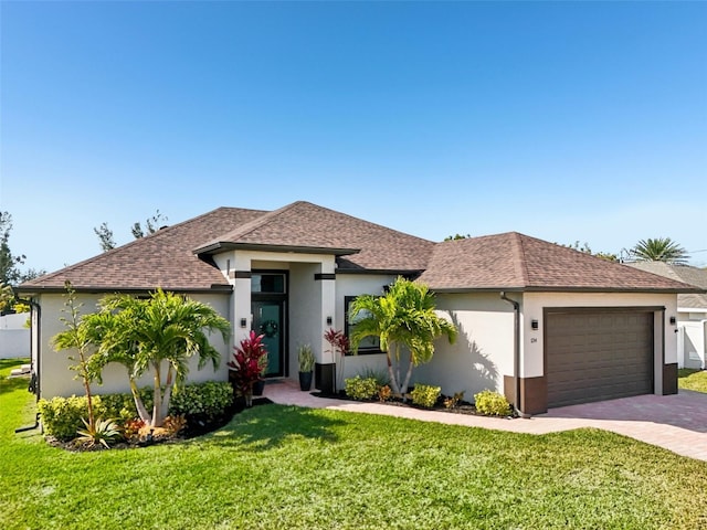 view of front facade with driveway, a garage, a front lawn, roof with shingles, and stucco siding