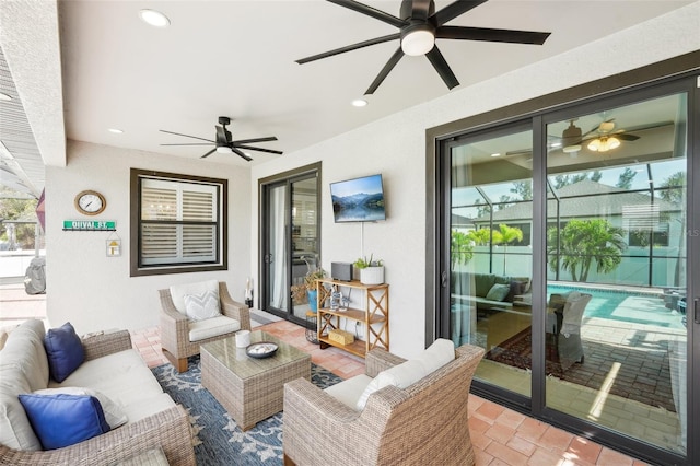 living room with recessed lighting, a healthy amount of sunlight, and ceiling fan