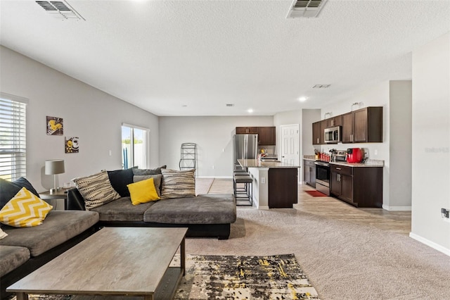 12856 French Market Dr, Riverview, FL 33579 - living area featuring light colored carpet, visible vents, and plenty of natural light