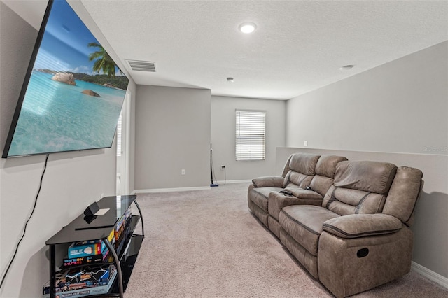 12856 French Market Dr, Riverview, FL 33579 - carpeted living room featuring baseboards, visible vents, and a textured ceiling