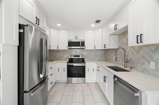 kitchen with backsplash, white cabinets, visible vents, appliances with stainless steel finishes, and a sink