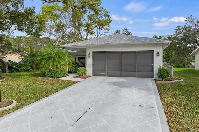 view of front facade featuring a front yard, a garage, brick siding, and concrete driveway