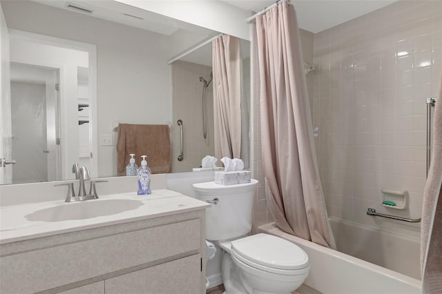 bathroom with toilet, shower / bathtub combination with curtain, vanity, and visible vents