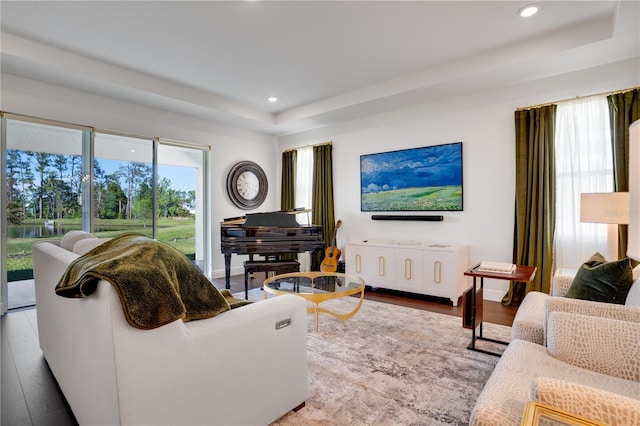 living room featuring a raised ceiling, recessed lighting, baseboards, and wood finished floors