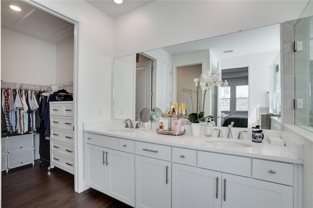 bathroom featuring a spacious closet, double vanity, a sink, and wood finished floors
