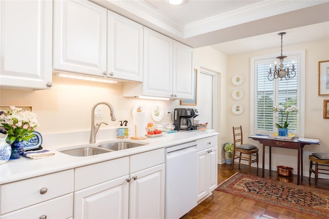 kitchen featuring pendant lighting, dishwasher, a sink, light countertops, and white cabinetry