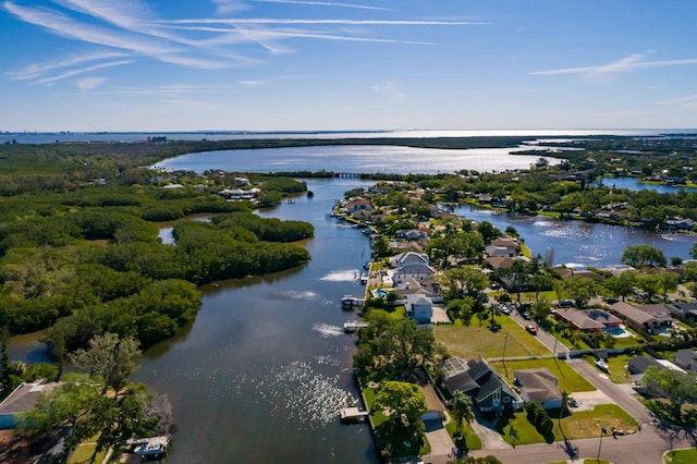 bird's eye view with a water view