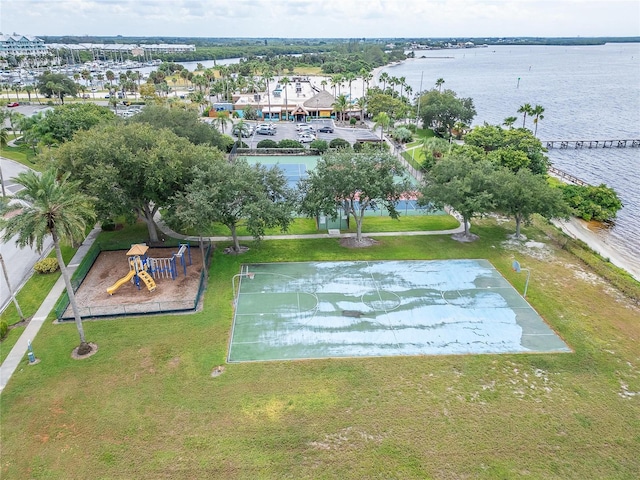 birds eye view of property featuring a water view