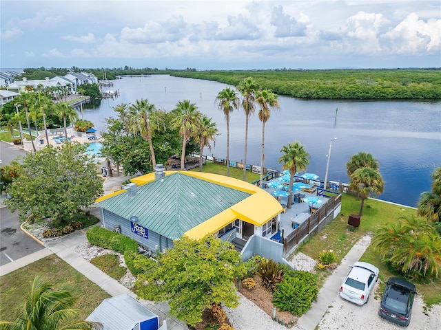 drone / aerial view with a water view