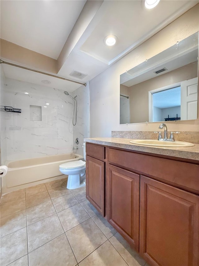 full bath featuring tile patterned floors, shower / washtub combination, visible vents, toilet, and vanity