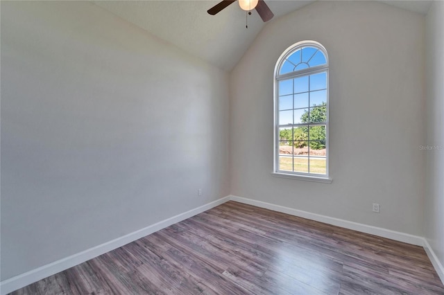 14807 Capps Estates Ln, Wimauma, FL 33598 - unfurnished room featuring ceiling fan, plenty of natural light, dark wood-type flooring, and vaulted ceiling
