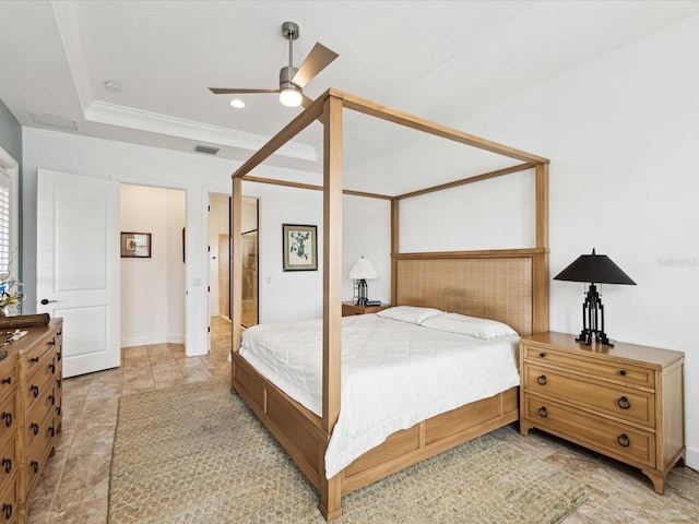 11248 Juglans Dr, Odessa, FL 33556 - bedroom featuring crown molding, recessed lighting, a raised ceiling, visible vents, and a ceiling fan
