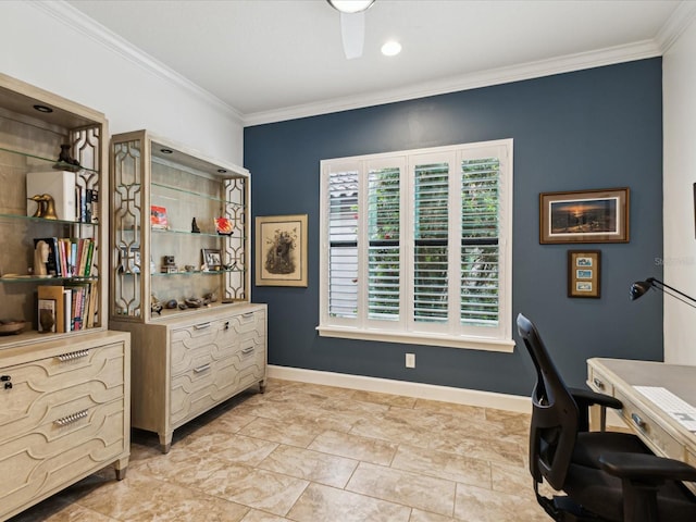 11248 Juglans Dr, Odessa, FL 33556 - office area featuring baseboards, ornamental molding, and ceiling fan