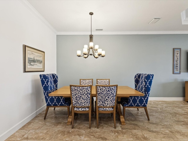 11248 Juglans Dr, Odessa, FL 33556 - dining area with baseboards, visible vents, ornamental molding, and a chandelier