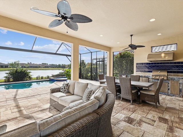 11248 Juglans Dr, Odessa, FL 33556 - view of patio / terrace with outdoor lounge area, a lanai, exterior kitchen, outdoor dining area, and ceiling fan