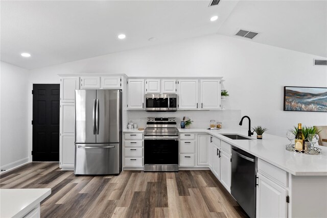 4715 Kemble Ct, Tampa, FL 33624 - kitchen with vaulted ceiling, stainless steel appliances, a sink, dark wood-style floors, and visible vents