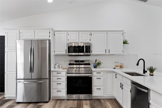 4715 Kemble Ct, Tampa, FL 33624 - kitchen with lofted ceiling, light countertops, a sink, and stainless steel appliances