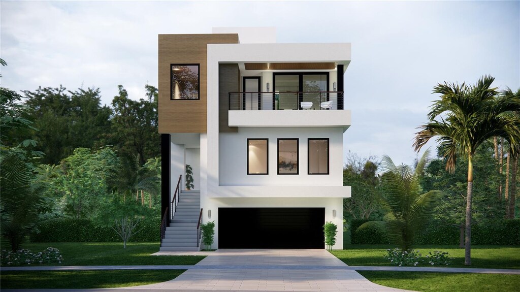 664 Geneva Pl, Tampa, FL 33606 - contemporary home featuring a balcony, driveway, stairway, and stucco siding