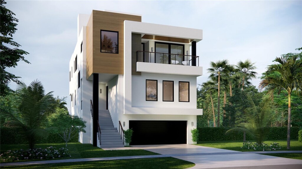 664 Geneva Pl, Tampa, FL 33606 - modern home featuring driveway, stairway, stucco siding, an attached garage, and a balcony