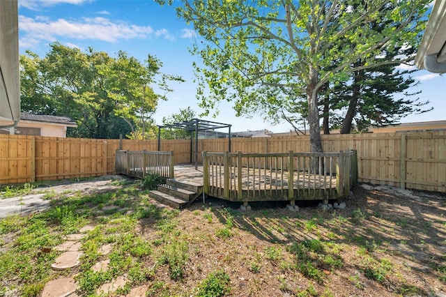 view of yard featuring a fenced backyard and a wooden deck