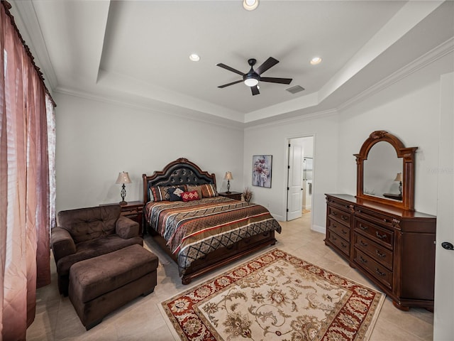 bedroom with visible vents, recessed lighting, a ceiling fan, a raised ceiling, and light tile patterned floors