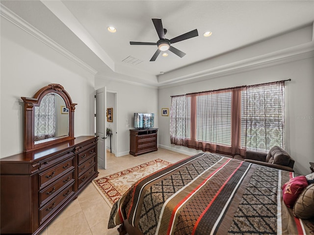 bedroom with light tile patterned flooring, visible vents, baseboards, recessed lighting, and a raised ceiling