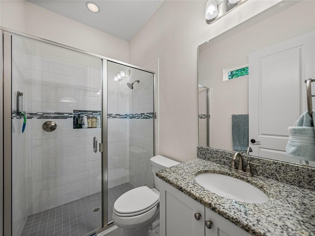 full bath featuring toilet, vanity, recessed lighting, and a shower stall