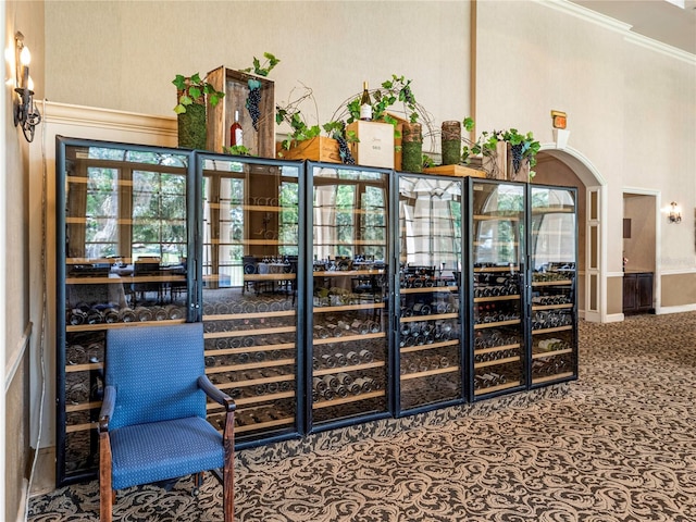 wine cellar featuring crown molding and a towering ceiling
