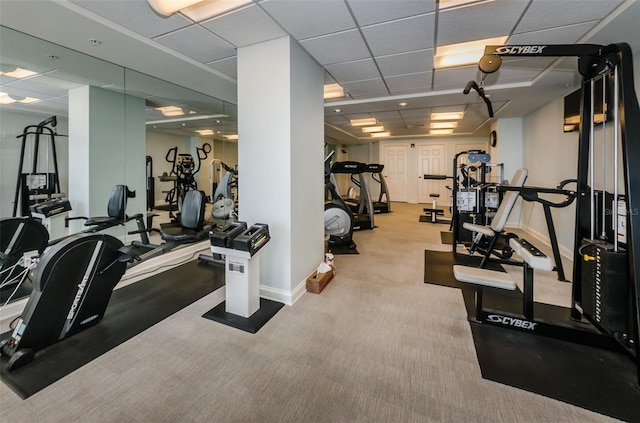workout area with carpet floors, a paneled ceiling, and baseboards