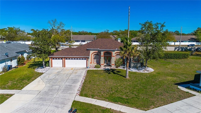 view of front of property with a front yard, concrete driveway, and an attached garage