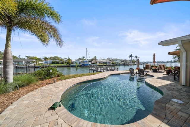 4544 Harbor Hills Dr, Largo, FL 33770 - outdoor pool with a dock, a water view, fence, and a patio area