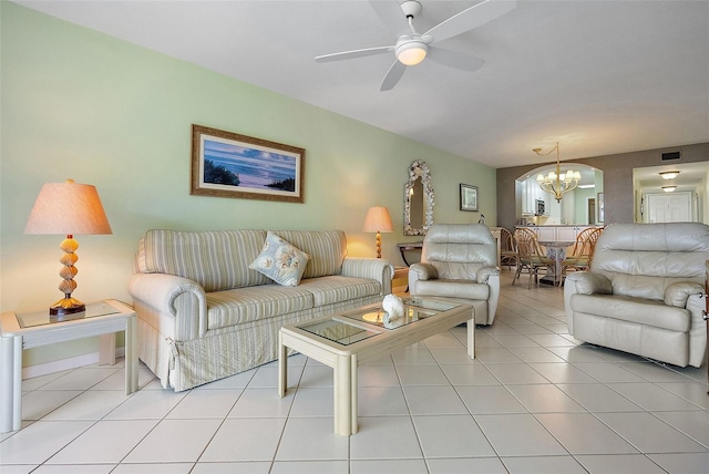6021 Bahia Del Mar Cir Unit 137, Saint Petersburg, FL 33715 - living room with visible vents, light tile patterned floors, and ceiling fan with notable chandelier