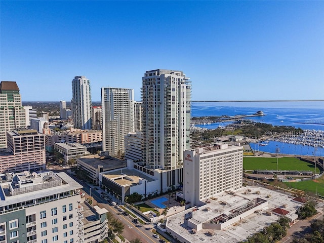 property's view of city featuring a water view