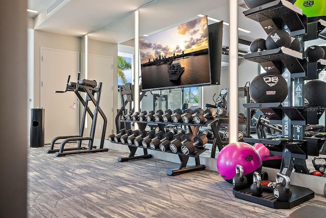exercise room with carpet floors