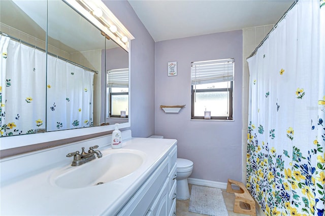 4110 Summerdale Dr, Tampa, FL 33624 - full bathroom with toilet, vanity, a shower with shower curtain, and a healthy amount of sunlight