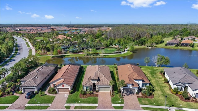 bird's eye view featuring a residential view and a water view