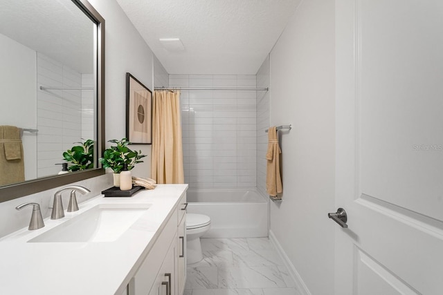 bathroom with a textured ceiling, vanity, toilet, marble finish floor, and shower / tub combo