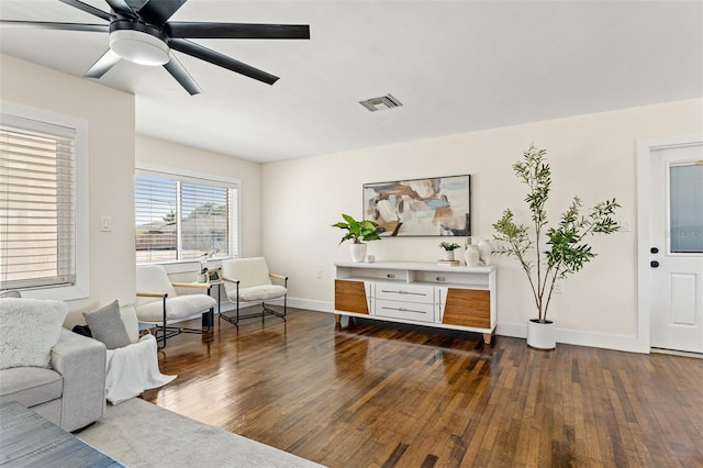 601 Boca Ciega Isle Dr, St Pete Beach, FL 33706 - living area featuring hardwood / wood-style flooring, baseboards, ceiling fan, and visible vents