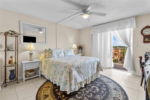 bedroom featuring light tile patterned flooring, a textured ceiling, access to outside, baseboards, and ceiling fan