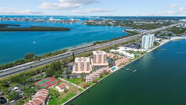 drone / aerial view with a water view and a view of city