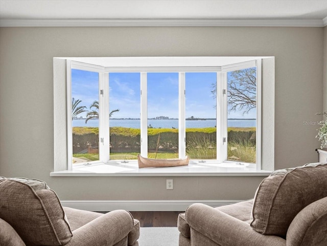 2087 Edgewater Dr Unit C, Clearwater, FL 33755 - living area with crown molding, wood finished floors, and a water view