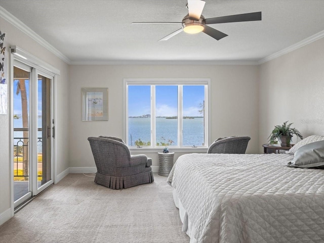 2087 Edgewater Dr Unit C, Clearwater, FL 33755 - bedroom featuring access to exterior, carpet floors, crown molding, a water view, and a ceiling fan